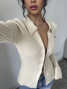 SHEIN Frenchy 女式长袖前开式舒适休闲毛衣，带纽扣环设计，秋季服装，秋季女装