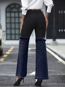 SHEIN Clasi 女式拼色金属扣装饰优雅喇叭裤 - 霧霾藍 - 查看 2