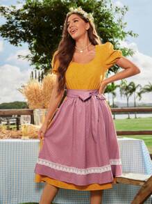 Chiquease 女式荷叶边饰罩衫中长款灯芯绒泡泡袖连衣裙 - 黃色 - 查看 4