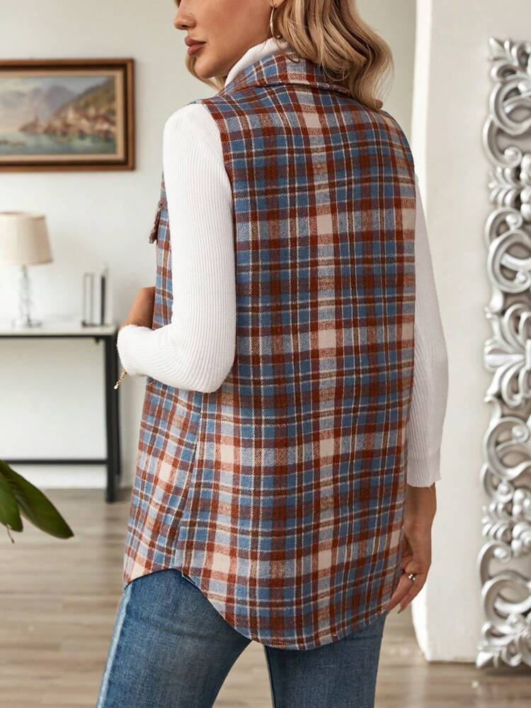 Women's Sleeveless Plaid Design Button Pocket Fashionable Woolen