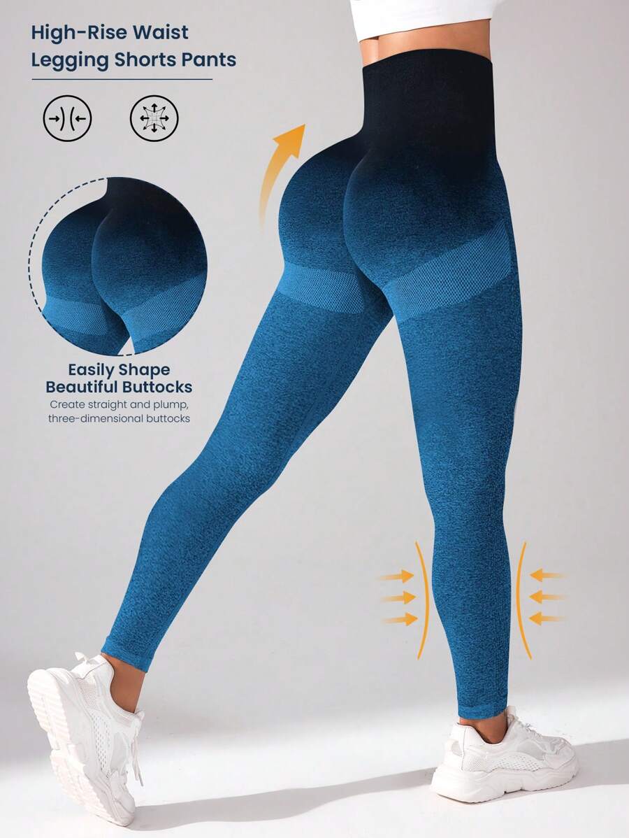 Easithlete 漸層緊縮褶皺臀部寬腰帶運動打底褲 - 水鴨藍 - 查看 1