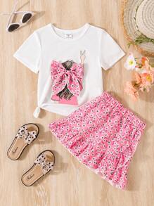 SHEIN 2 件套女童纯色碎花短袖上衣和碎花裙套装，春夏 - 粉色 - 查看 1