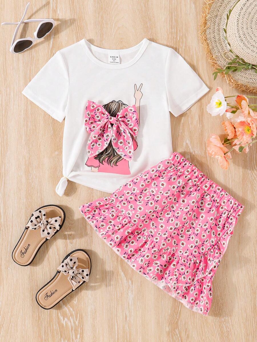 SHEIN 2 件套女童纯色碎花短袖上衣和碎花裙套装,春夏 - 粉色 - 查看 1