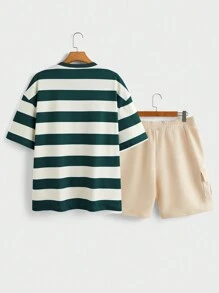Manfinity Hypemode 男士寬鬆款綠色條紋落肩T恤及卡其色貨物短褲套裝