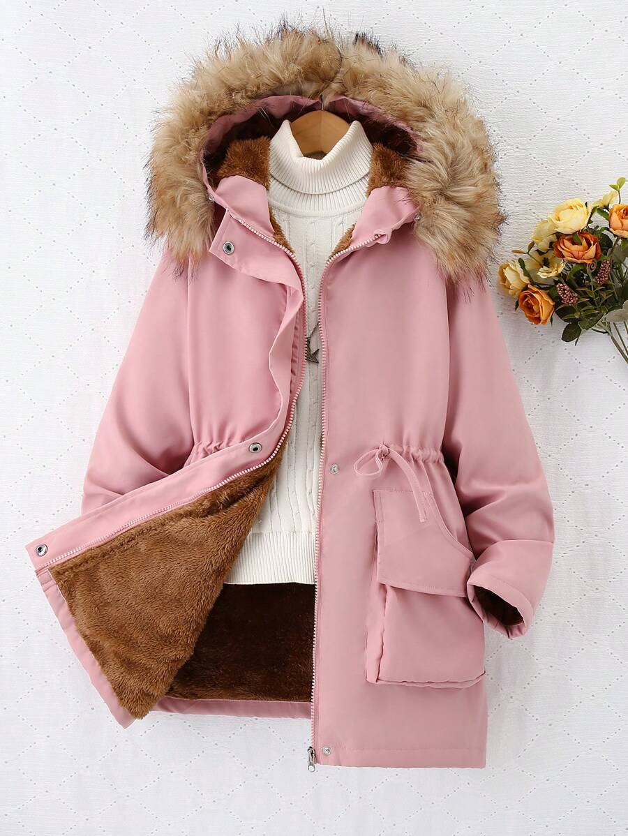 Tween Girl 加厚保暖内衬连帽夹克 - 粉色 - 查看 1