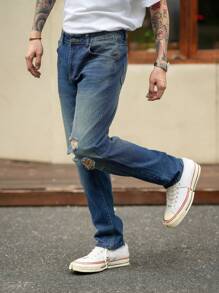 Manfinity Homme Men Vintage Washed Deep Blue Straight-Leg Denim Casual Jeans - Light Grey - View 3