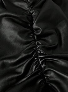 Slaydiva Sexy Hollow-Out Black PU Short Sleeve T-Shirt And Floor-Length Split Hem Tight Pants Set