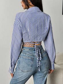 Chiquease Blue & White Striped Casual Daily Wear Short Sleeve Shirt - Blue - View 2