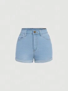 SHEIN 少女纯色简约休闲牛仔短裤 - 淺色水洗藍 - 查看 1