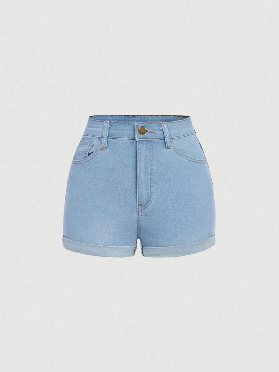 SHEIN 少女纯色简约休闲牛仔短裤 - 淺色水洗藍 - 查看 1