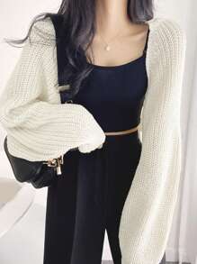 DAZY 女士纯色简约日常针织开衫、长袖上衣 - 白色 - 查看 5