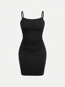 SHEIN Girlism Váy hai dây xếp nếp thường ngày cho bé gái Tween, dệt kim màu đen và xám, vừa vặn và thoải mái - Nhiều màu - Xem 7