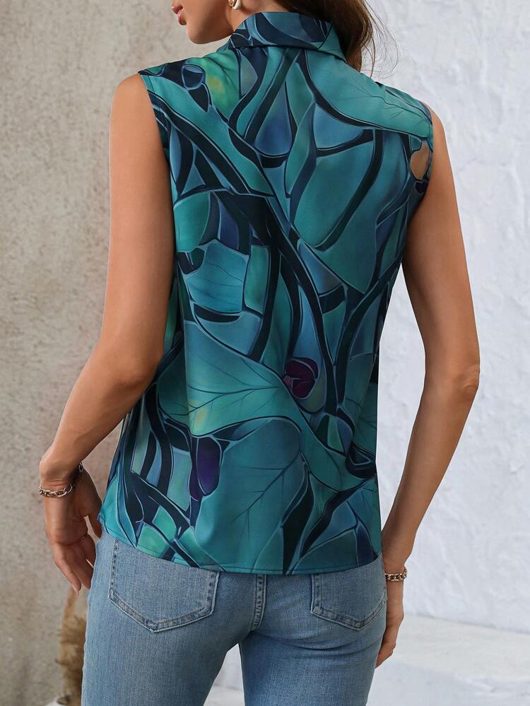 Women's Simple Printed Sleeveless Button-Up Blouse For Daily Wear