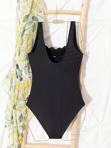 女式露背褶饰休闲时尚连体泳衣夏季 - 黑色 - 查看 8