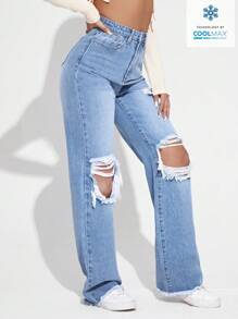 SHEIN EZwear Quần Jean Ống Rộng Rách Mùa Hè Nữ - Rửa nhẹ - Xem 7