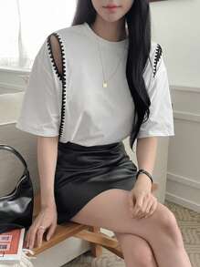 DAZY 女士纯色圆领短袖休闲上衣 - 白色 - 查看 5