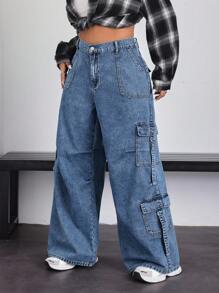 SHEIN EZwear Quần Jeans Boyfriend Thiết Kế Túi Size Lớn Mặc Hàng Ngày Thường Ngày - Màu xanh lam - Xem 1