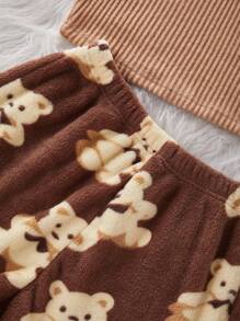 2pcs Solid Rib Knit Tank Top & Bear Print Shorts Sleepwear Set, Fall Winter Clothes, Fluffy Pajama, Cozy