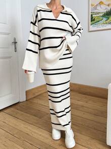 EURMUSE Women Stripe Pattern Collar Neck Drop Shoulder Pullover & Sweater Skirt Set - Multicolor - View 1