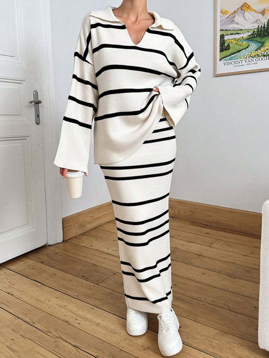 EURMUSE Women Stripe Pattern Collar Neck Drop Shoulder Pullover & Sweater Skirt Set - Multicolor - View 1