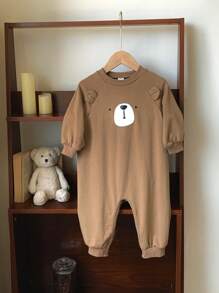 SHEIN 新生儿男女通用休闲熊图案耳朵装饰长袖连体衣