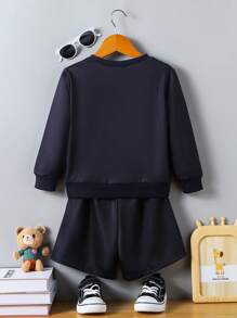 2pcs Young Boys Cute Bear Print Pullover Hoodie And Shorts Set, For School, Outdoor, Holiday, Casual Wear, Spring & Fall - Black - View 2