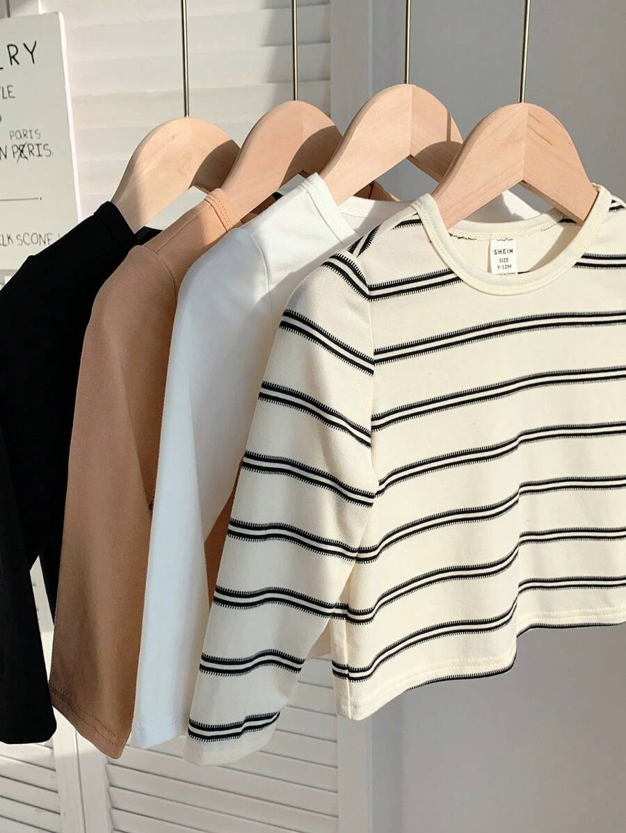 SHEIN Leap Crew 4 件装男婴和女婴图案 T 恤 - 黑色/白色休闲针织长袖上衣，适合秋冬季