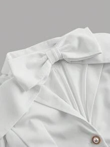 SHEIN MOD 短款白色优雅连衣裙，配有翻领蝴蝶结装饰，蝴蝶结连衣裙，秋季服装，冬季连衣裙，返校服装，女式西装外套 - 白色 - 查看 3