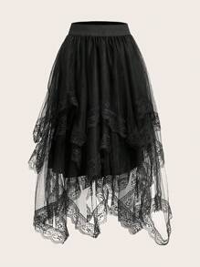 ROMWE Goth Contrast Lace Mesh Skirt - Black - View 1