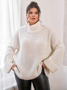 EURMUSE Plus Size Turtleneck Drop Shoulder Sweater, For Winter - White - View 1