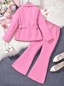 Tween Girls' Pink Blazer And Flared Pants With Belt 2pcs Formal Suit Set, Autumn - Pink - View 2