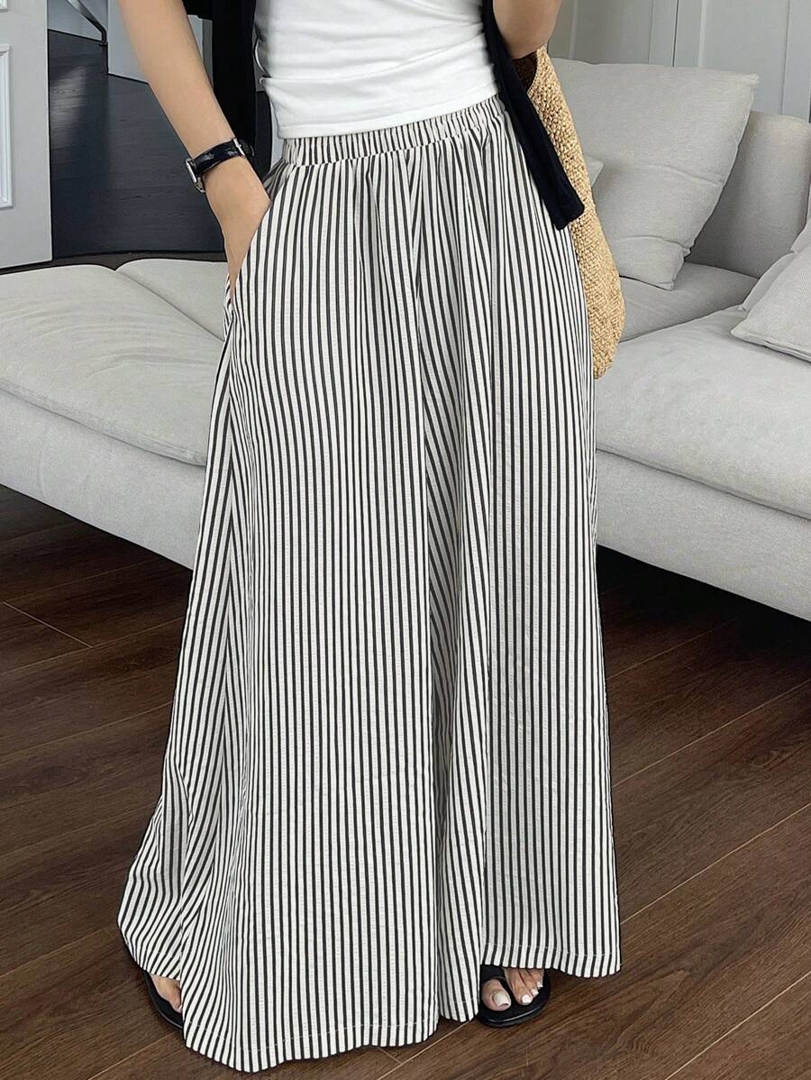 DAZY 女士休闲条纹松紧腰阔腿裤格子秋季