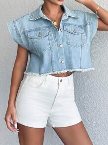 EURMUSE WOMEN SLEEVELESS CROP JACKET - Light Wash - View 4