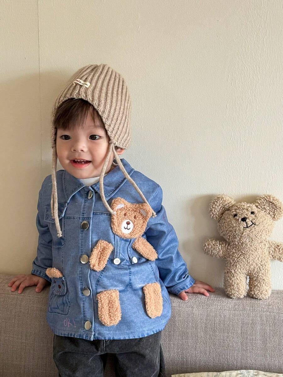 SHEIN Baby Boys Casual Daily Wear Cute 3D Bear Embroidered Outwear, Suitable For Autumn & Winter - Baby Blue - View 1