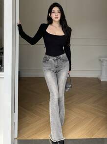 DAZY Áo len nữ cổ tròn dài tay ấm áp, thanh lịch, nhẹ nhàng, quyến rũ, quần áo mùa thu - màu đen - Xem 6