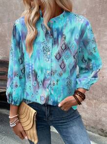 EMERY ROSE 女士节日几何印花灯笼袖宽松衬衫随机印花 - 彩色 - 查看 5