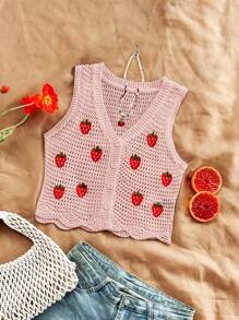 Soleia Women's Strawberry Decor Cardigan Sweater Vest For Vacation - Dusty Pink - View 1
