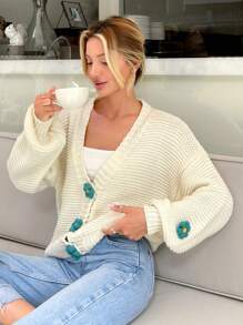 EURMUSE Women Handmade Flower Accessory Front Button Drop Shoulder Cardigan - White - View 7