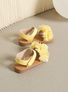 漂亮女孩花朵平底儿童凉鞋，夏季 - 黃色 - 查看 2