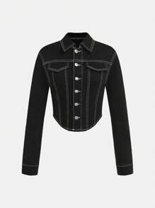 SHEIN TEEN GIRL Contrast Stitching Black Denim Jacket With Front Buttons