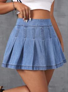 CovetEZ 大码纯色褶皱休闲牛仔迷你裙，夏季 - 中等水洗藍 - 查看 6