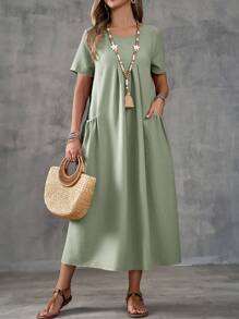 EMERY ROSE 女士纯色简约短袖圆领休闲连衣裙 - 薄荷綠 - 查看 6