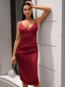 SHEIN Cottnline Solid Split Thigh Cami Dress - Red - View 4