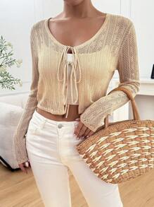 Chiquease Áo crop top dài tay màu trơn phía trước, kỳ nghỉ thông thường - Màu be - Xem 5
