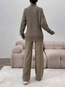 EURMUSE Petite Turtleneck Drop Shoulder Sleeve Sweater And Pants Set ,Petite Women - Mocha Brown - View 3