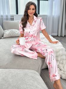 Women's Printed Short Sleeve Jumpsuit - Pink - View 3