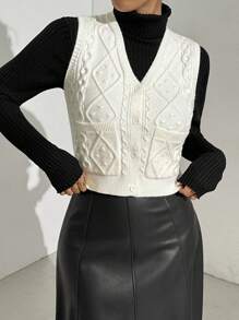 Chiquease Gilet en tricot de couleur unie à double poche, style casual, automne/hiver, pour femmes - Blanc - Voir 4