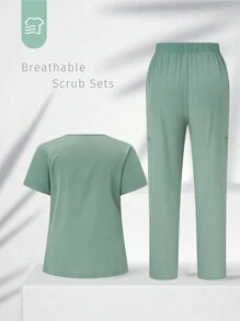 TaskEZ 加大码纯色双口袋磨砂上衣和裤子制服 2 件套 - 薄荷綠 - 查看 2