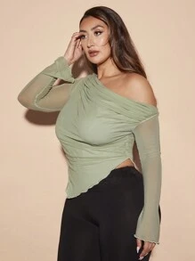 SHEIN BAE Off-Shoulder Brown Mesh Plus Size Long-Sleeved T-Shirt - Mint Green - View 7