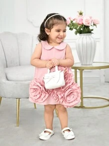 Vestido de gola floral 3D fofo sem mangas para bebês meninas, verão - Rosa - Ver 5